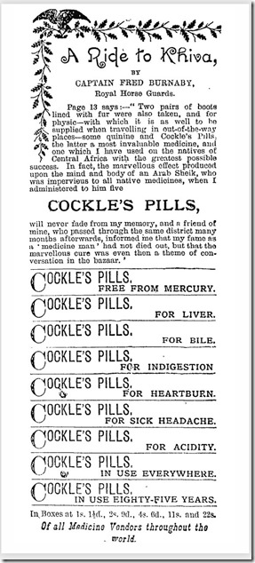 advert linking a rid to Khiva with cockles pills